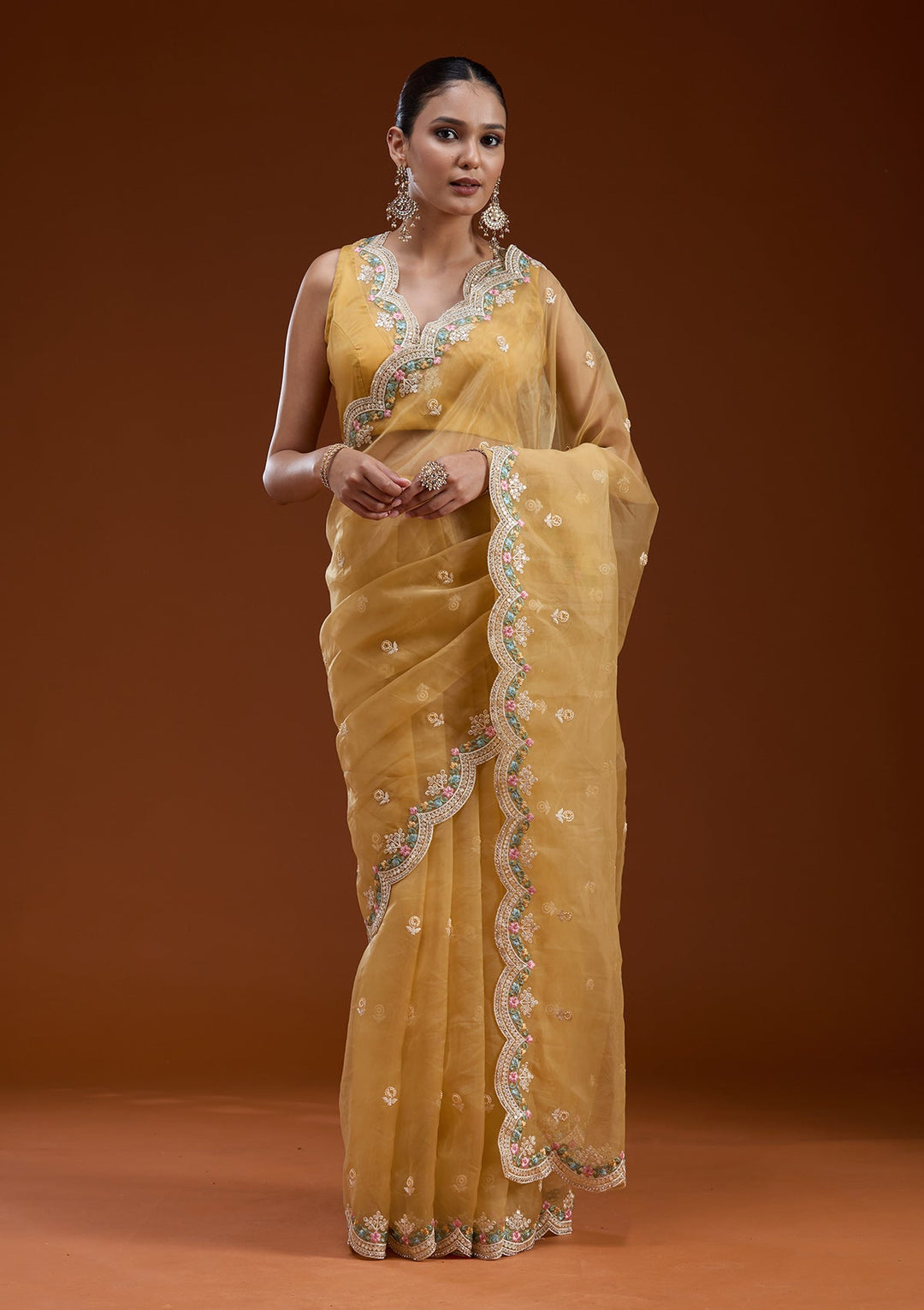 Yellow Threadwork Tissue Saree-koskii