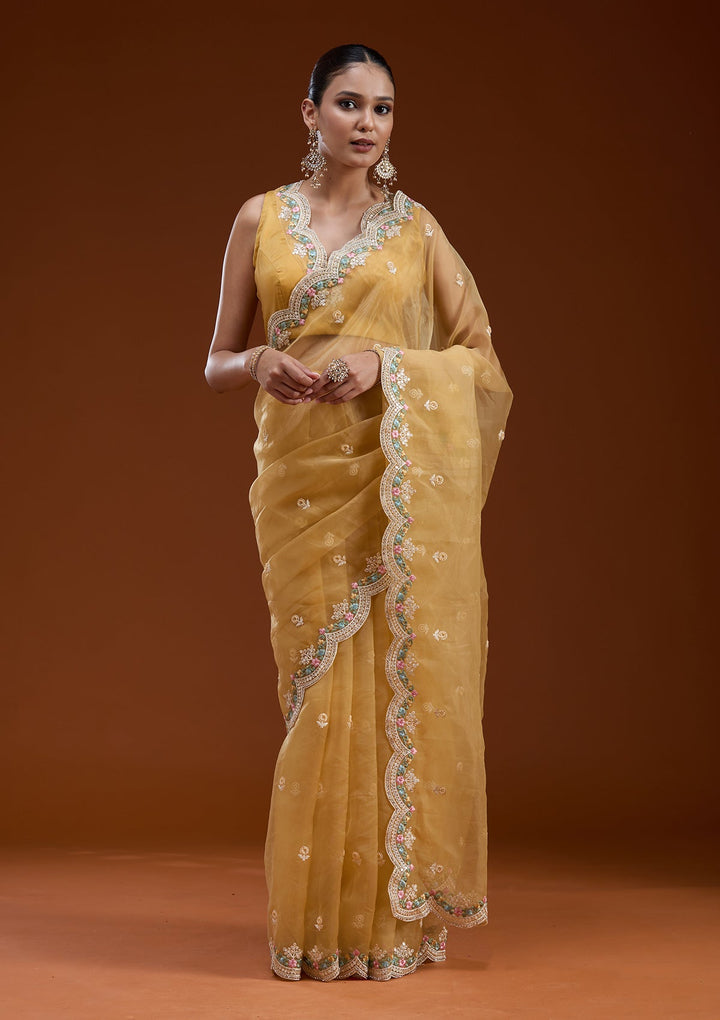 Yellow Threadwork Tissue Saree-koskii