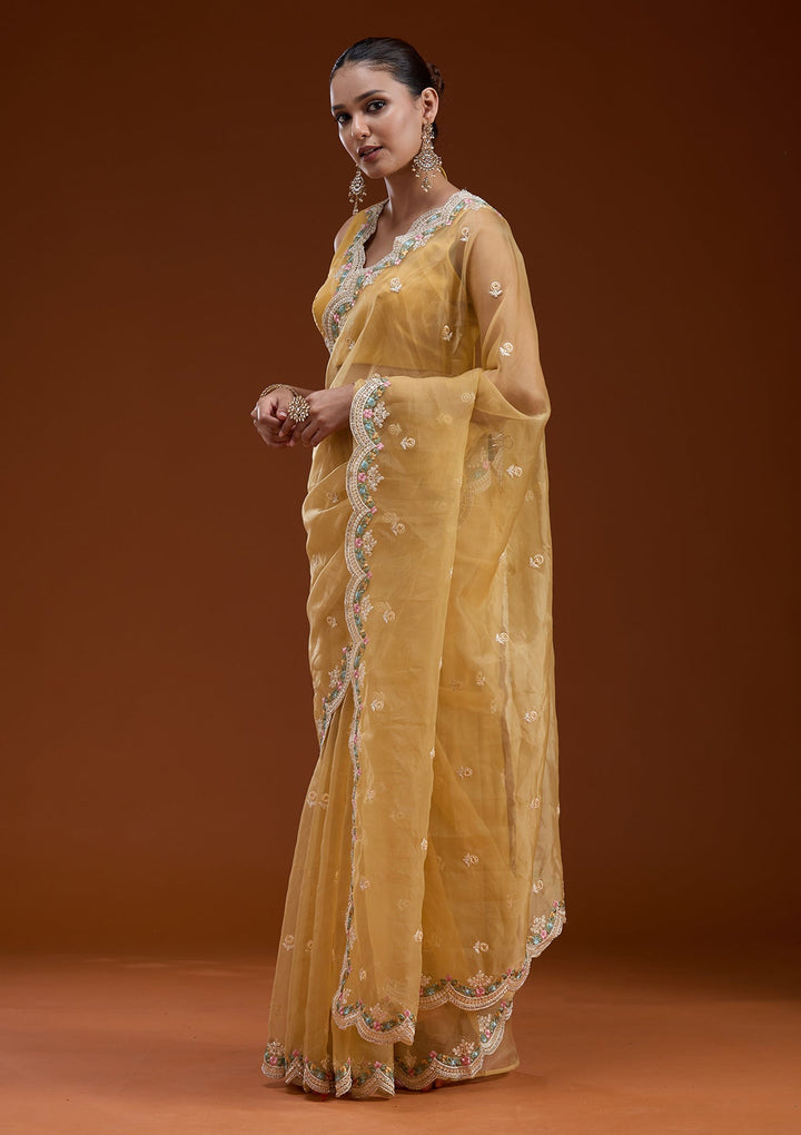 Yellow Threadwork Tissue Saree-koskii