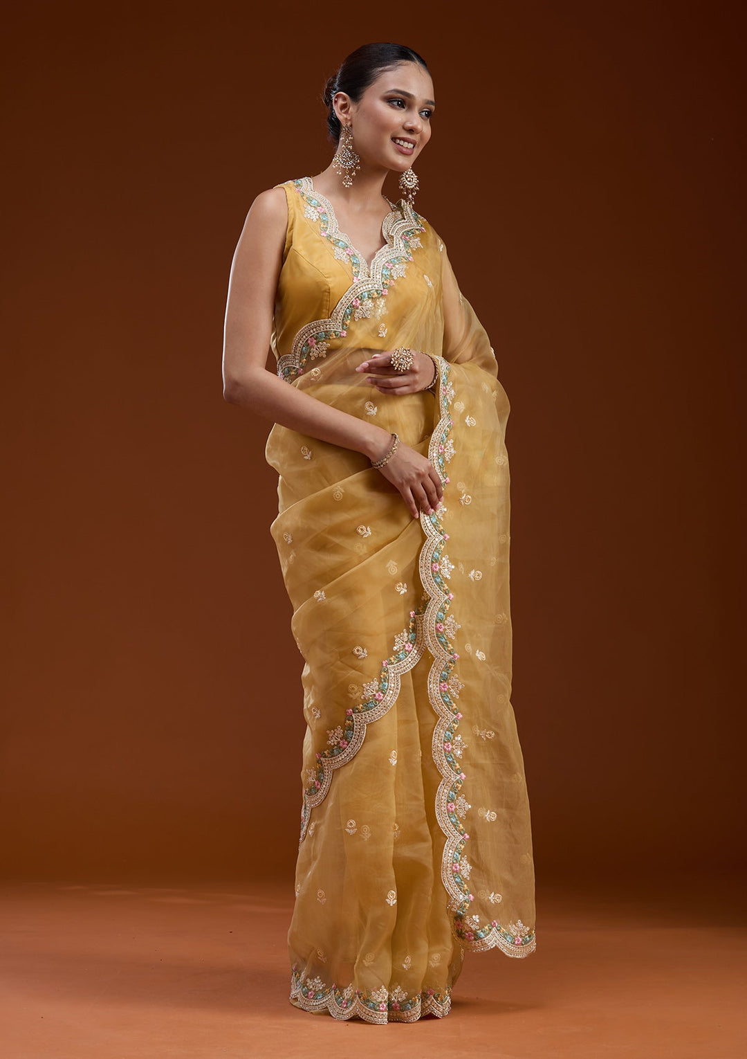 Yellow Threadwork Tissue Saree-koskii