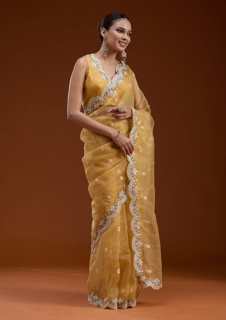 Yellow Threadwork Tissue Saree-koskii