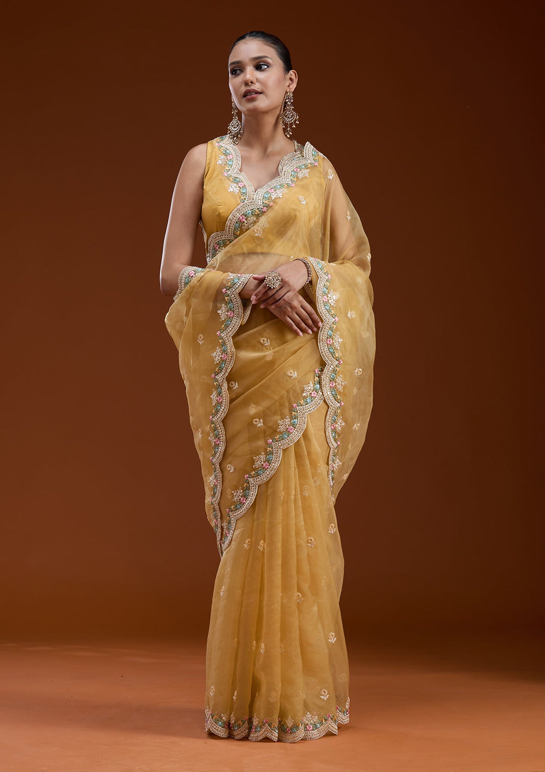 Yellow Threadwork Tissue Saree-koskii