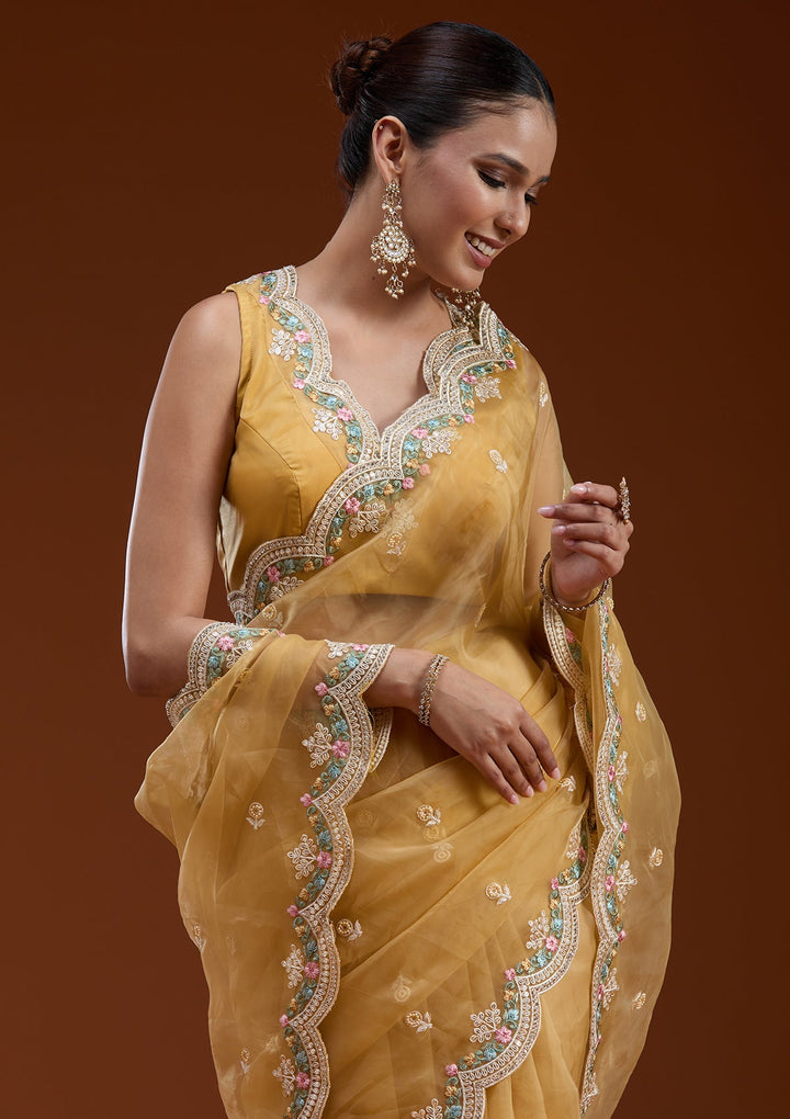 Yellow Threadwork Tissue Saree-koskii