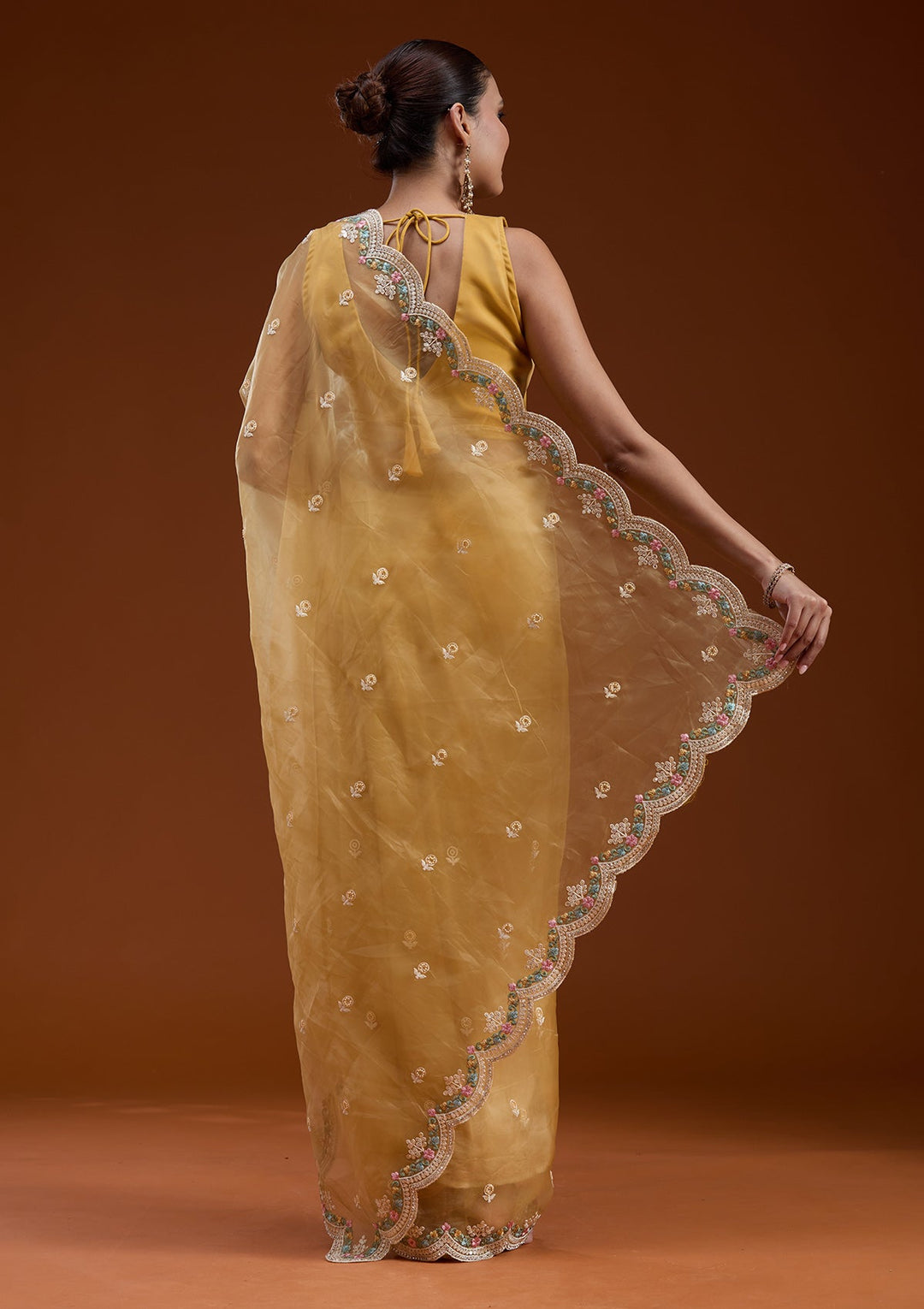 Yellow Threadwork Tissue Saree-koskii