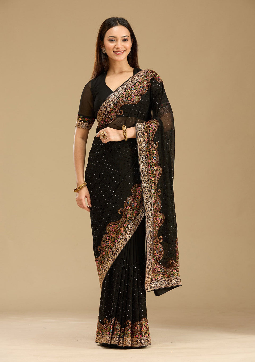 Black Kashmiri Georgette Saree-Koskii
