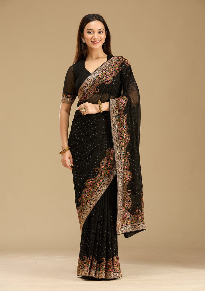 Black Kashmiri Georgette Saree-Koskii