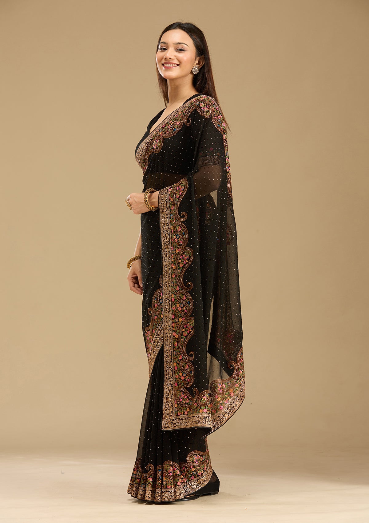 Black Kashmiri Georgette Saree-Koskii