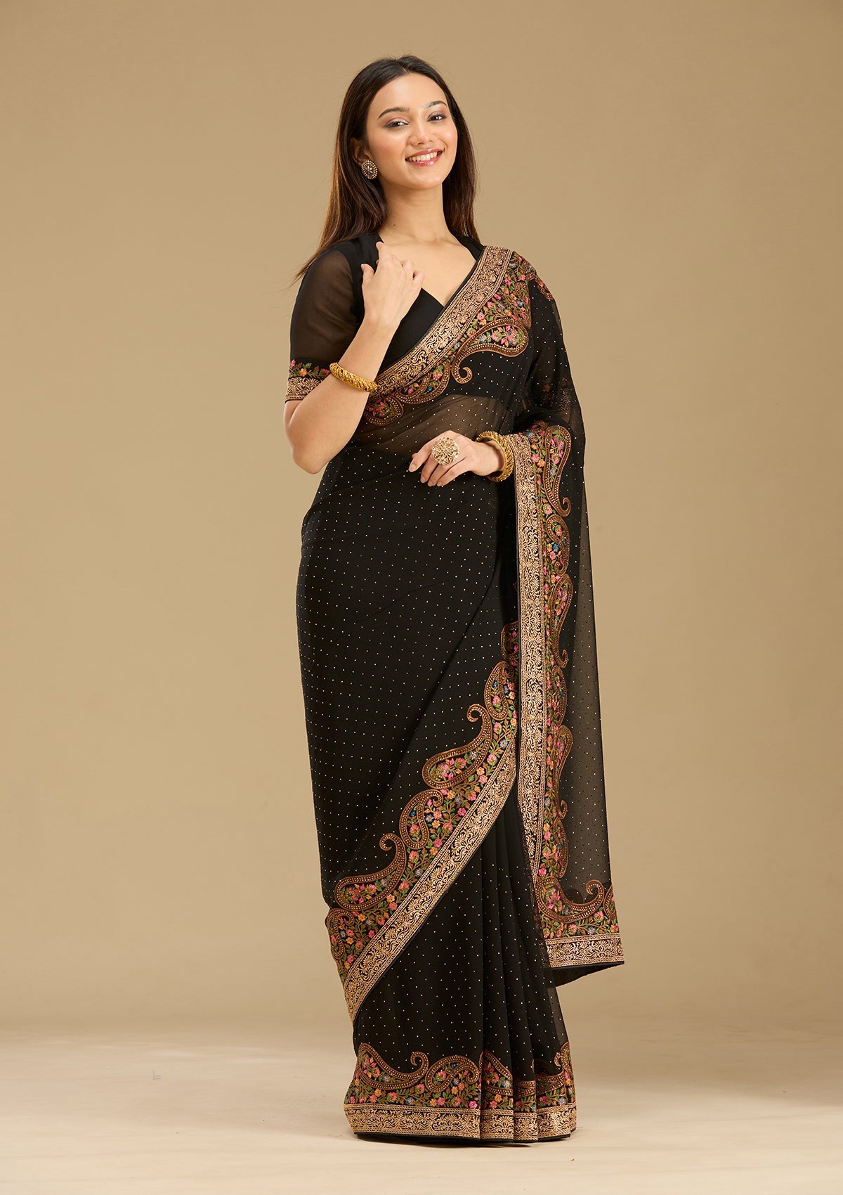 Black Kashmiri Georgette Saree-Koskii