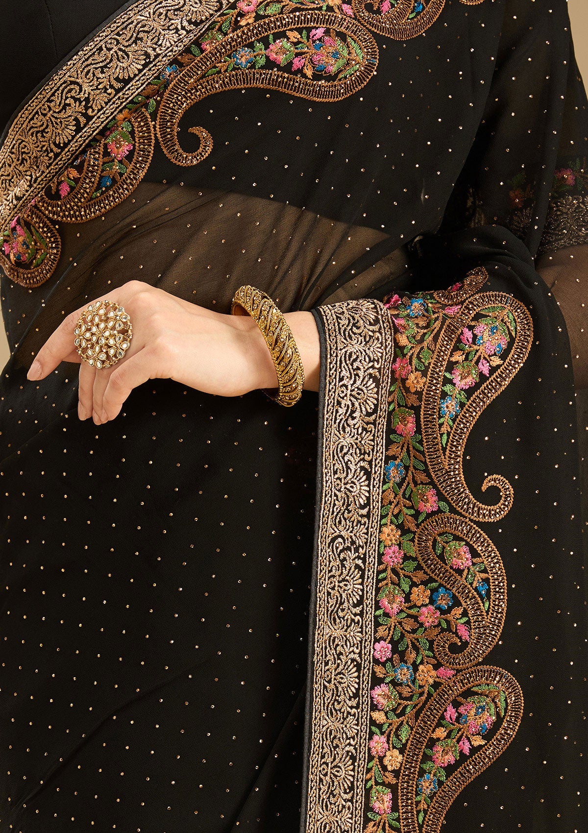 Black Kashmiri Georgette Saree-Koskii