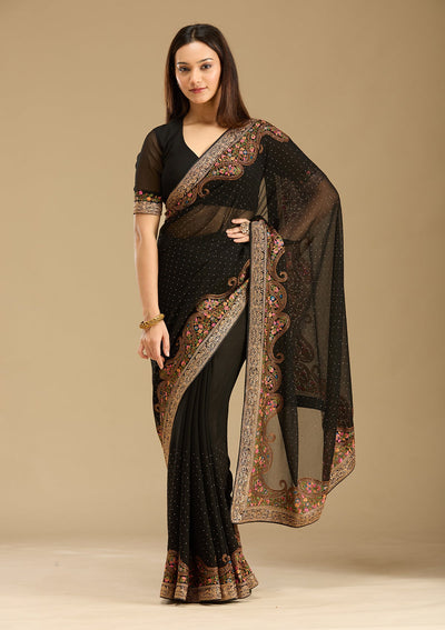 Black Kashmiri Georgette Saree-Koskii