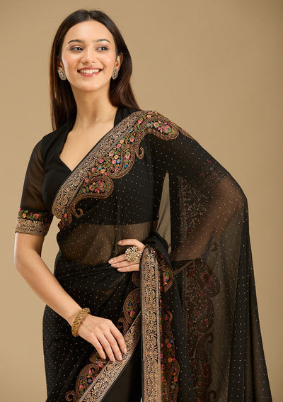 Black Kashmiri Georgette Saree-Koskii