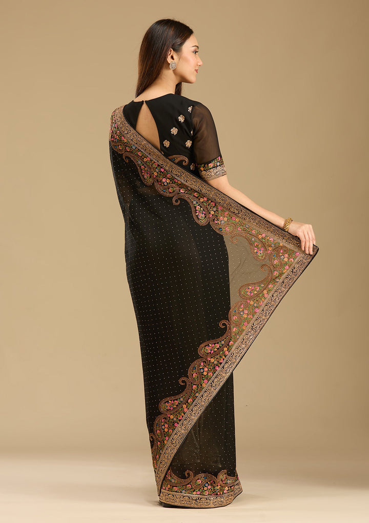 Black Kashmiri Georgette Saree-Koskii