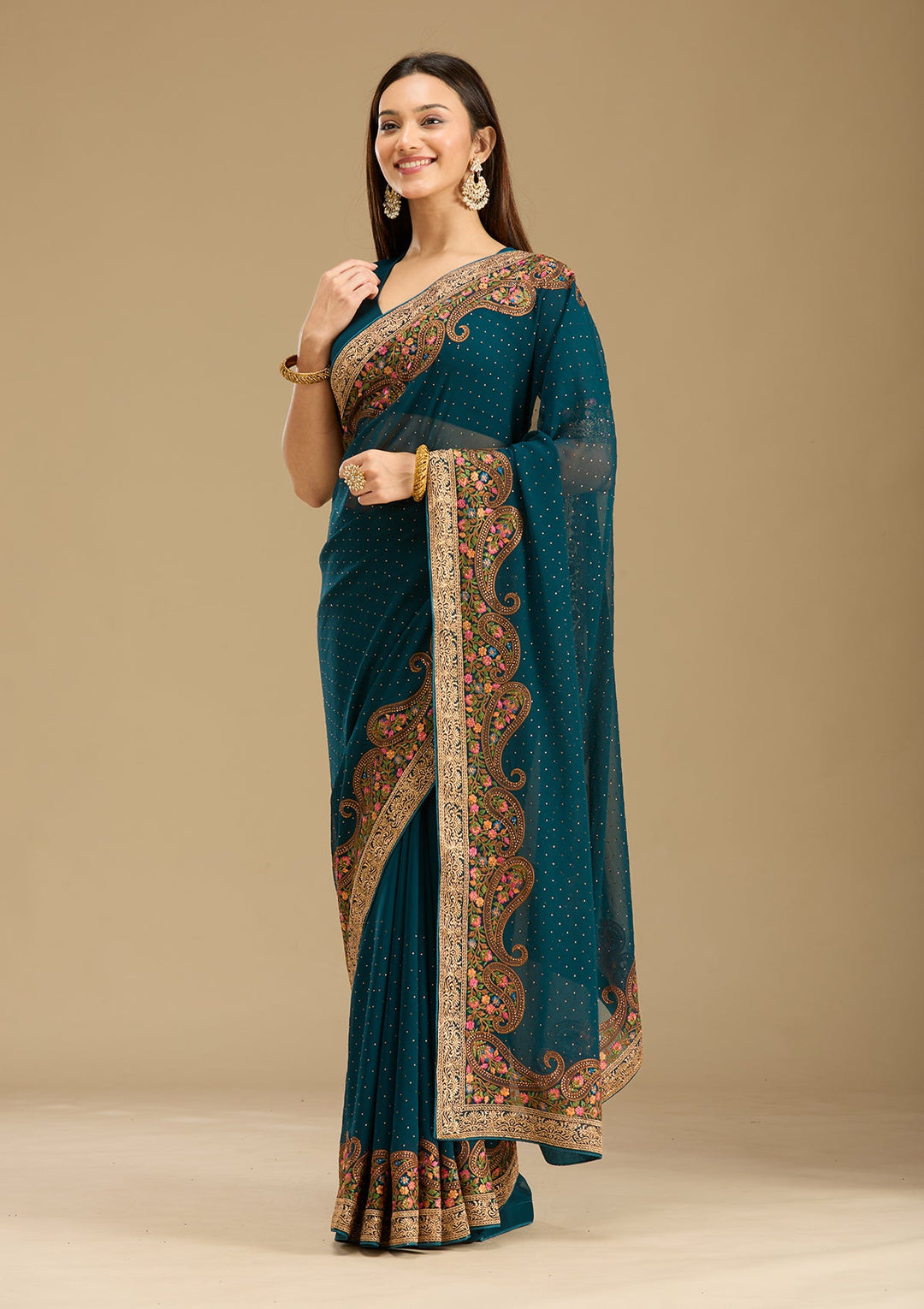 Peacock Blue Kashmiri Georgette Saree-Koskii