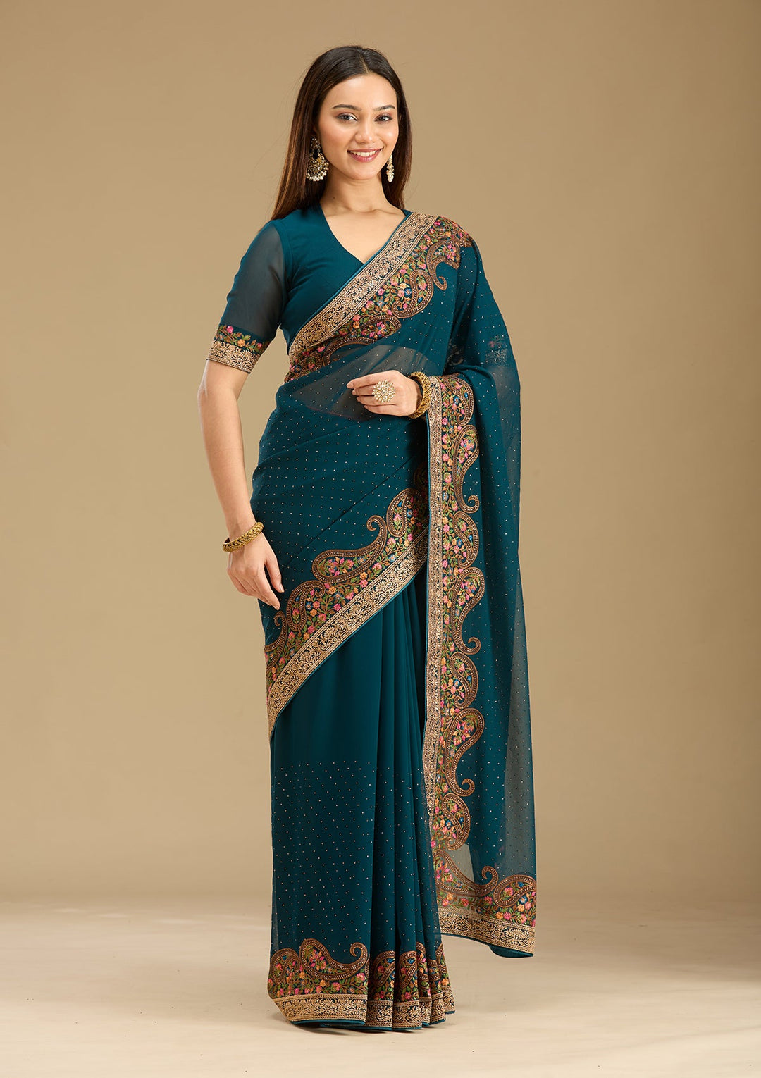 Peacock Blue Kashmiri Georgette Saree-Koskii