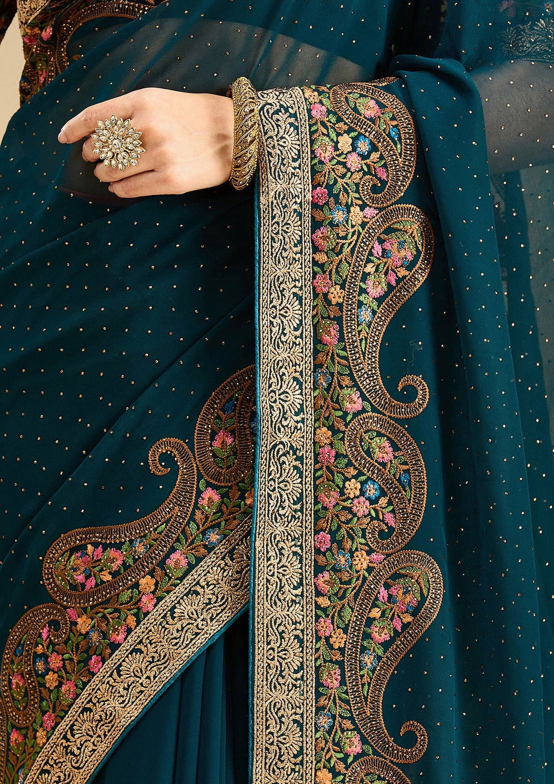 Peacock Blue Kashmiri Georgette Saree-Koskii