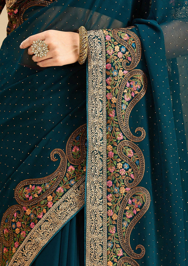 Peacock Blue Kashmiri Georgette Saree-Koskii
