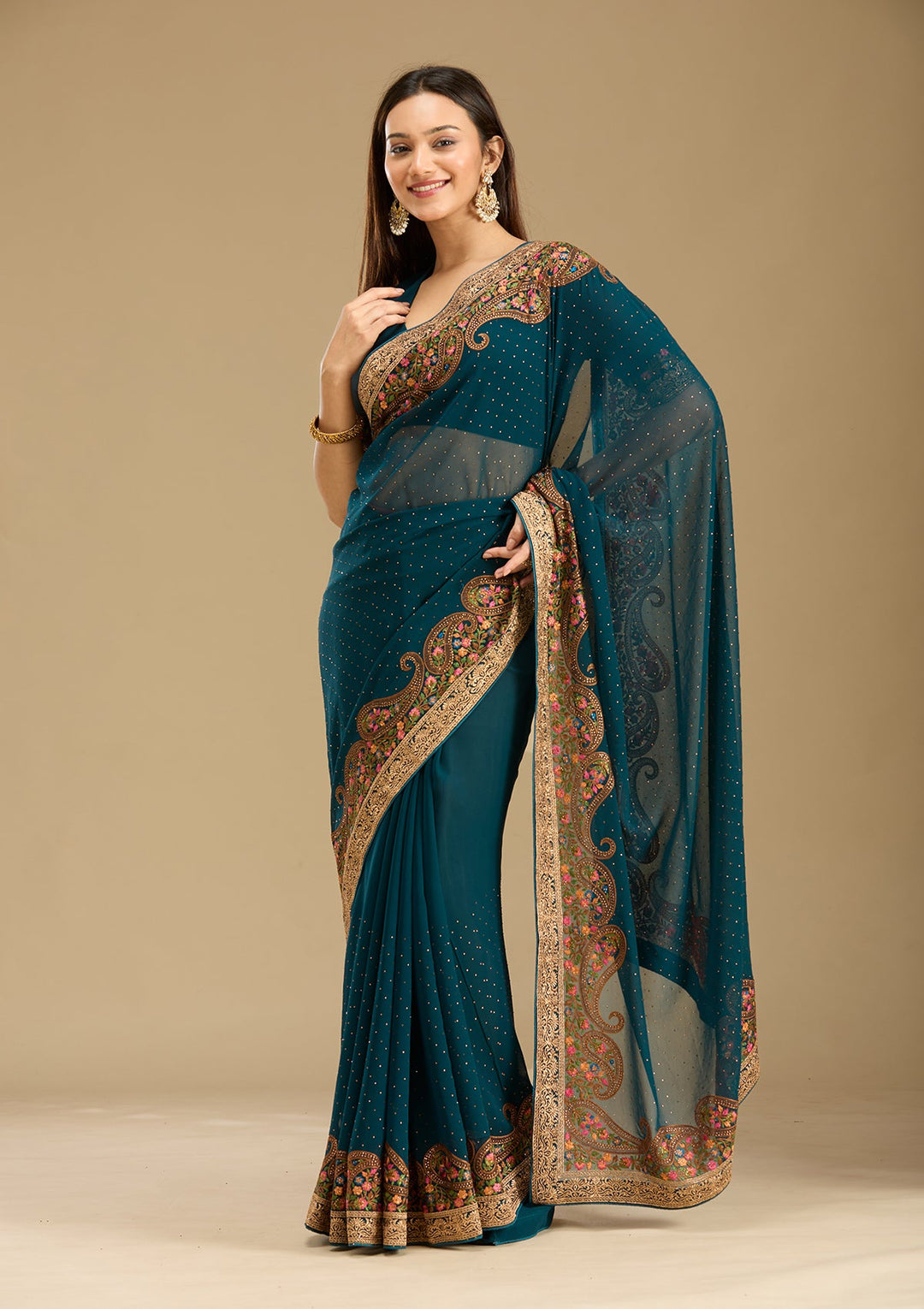 Peacock Blue Kashmiri Georgette Saree-Koskii