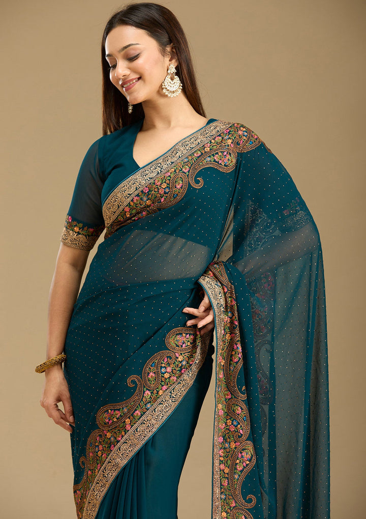 Peacock Blue Kashmiri Georgette Saree-Koskii