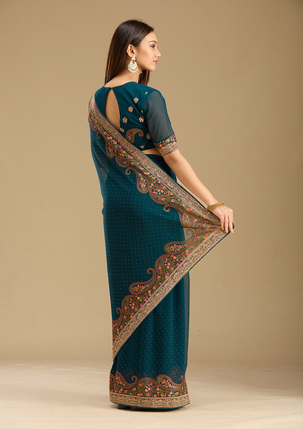 Peacock Blue Kashmiri Georgette Saree-Koskii