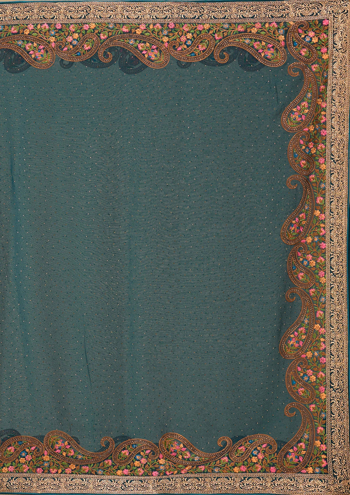 Peacock Blue Kashmiri Georgette Saree-Koskii