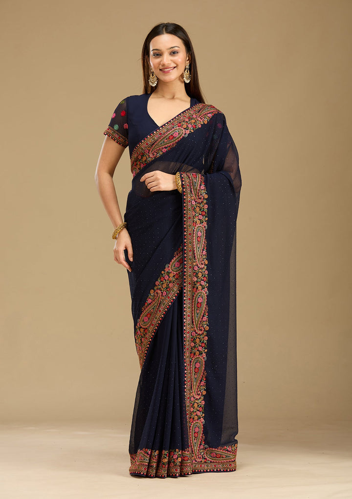 Navy Blue Kashmiri Georgette Saree-Koskii