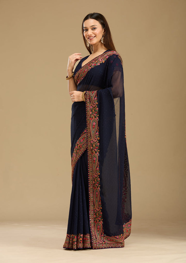 Navy Blue Kashmiri Georgette Saree-Koskii