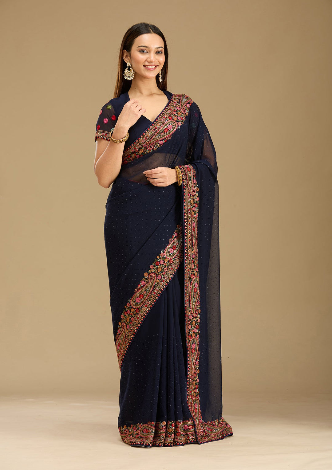 Navy Blue Kashmiri Georgette Saree-Koskii