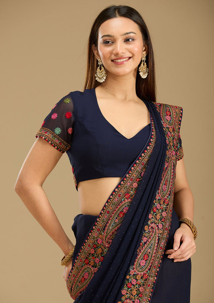 Navy Blue Kashmiri Georgette Saree-Koskii