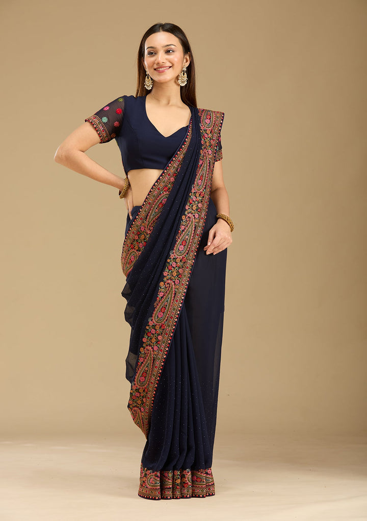 Navy Blue Kashmiri Georgette Saree-Koskii