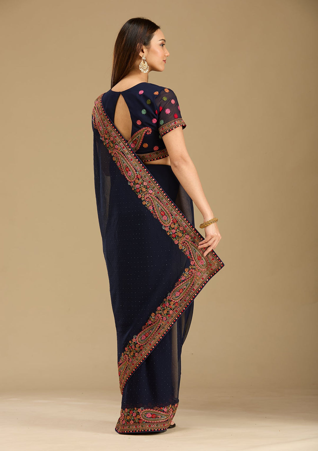 Navy Blue Kashmiri Georgette Saree-Koskii