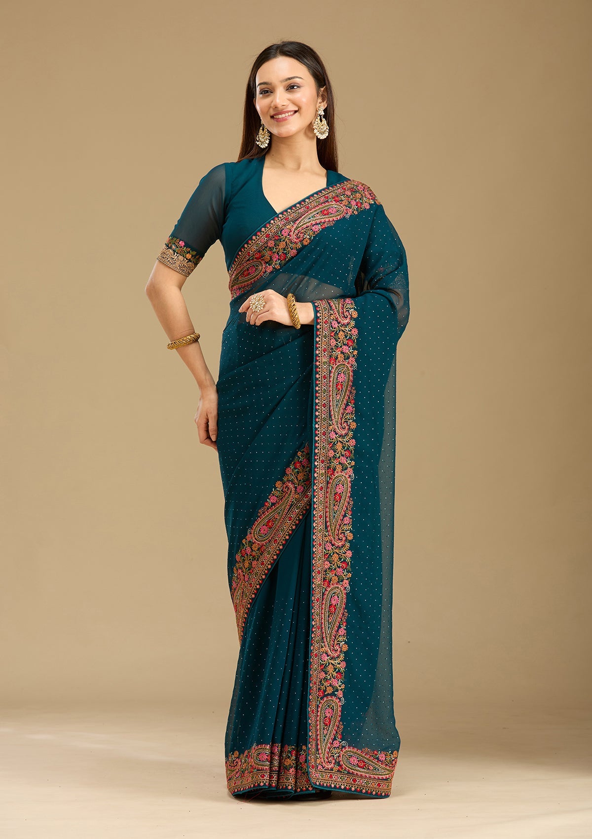 Peacock Blue Kashmiri Georgette Saree-Koskii