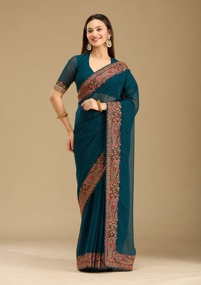 Peacock Blue Kashmiri Georgette Saree-Koskii