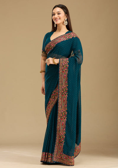Peacock Blue Kashmiri Georgette Saree-Koskii