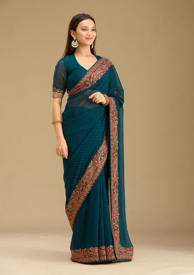 Peacock Blue Kashmiri Georgette Saree-Koskii