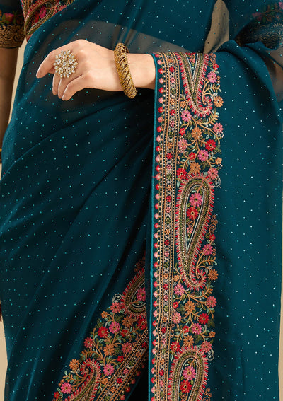 Peacock Blue Kashmiri Georgette Saree-Koskii