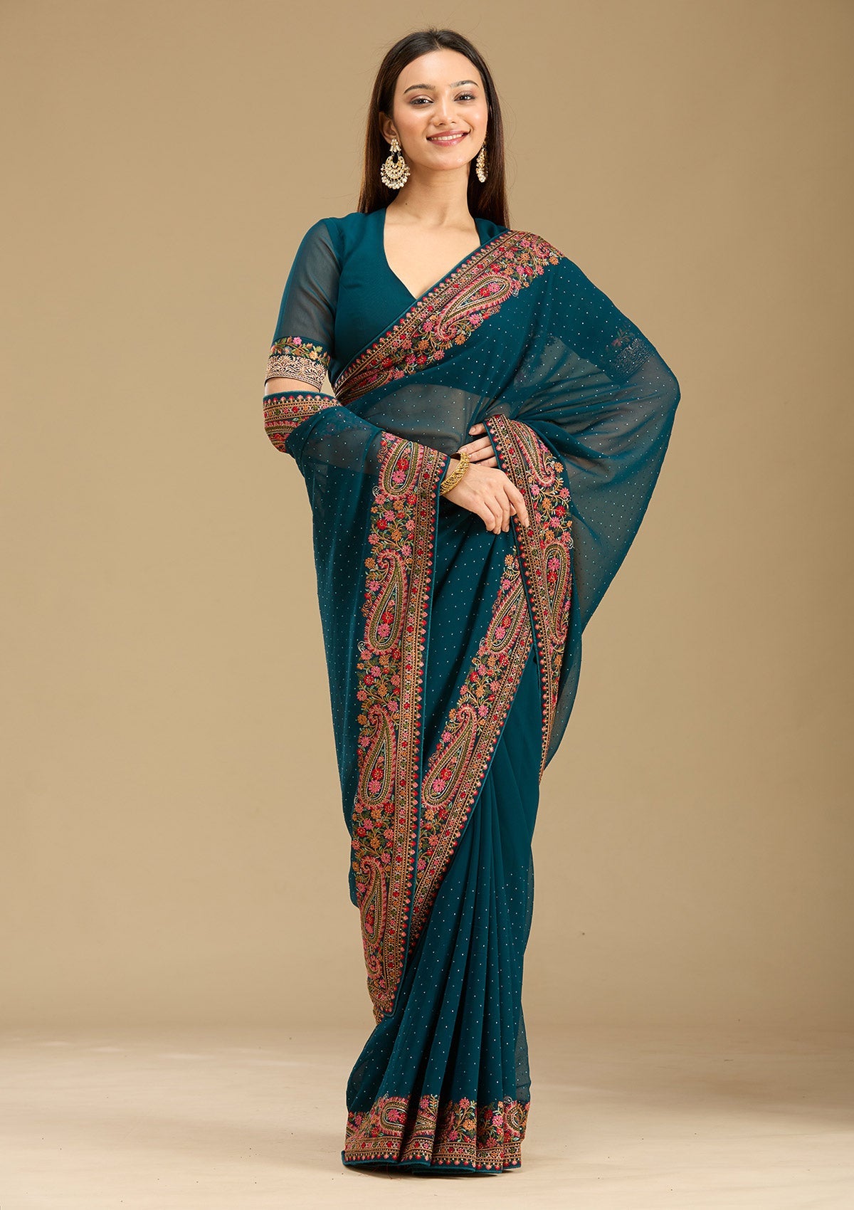Peacock Blue Kashmiri Georgette Saree-Koskii