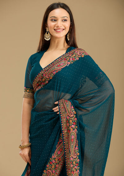 Peacock Blue Kashmiri Georgette Saree-Koskii
