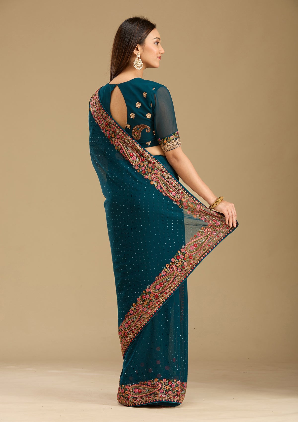 Peacock Blue Kashmiri Georgette Saree-Koskii