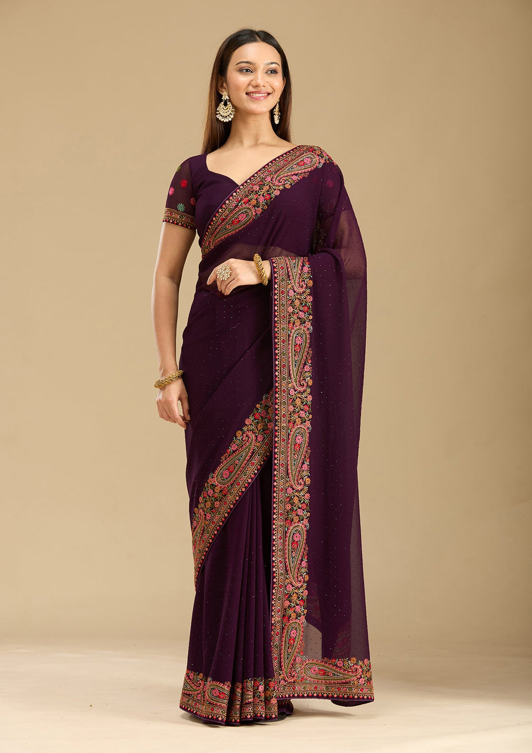 Wine Kashmiri Georgette Saree-Koskii