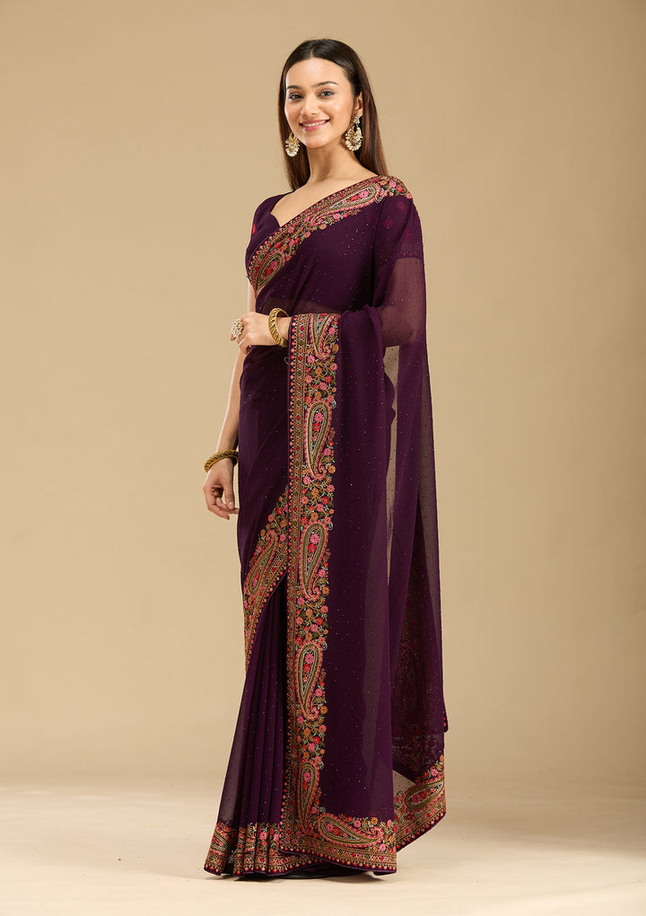Wine Kashmiri Georgette Saree-Koskii