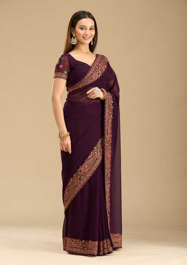 Wine Kashmiri Georgette Saree-Koskii