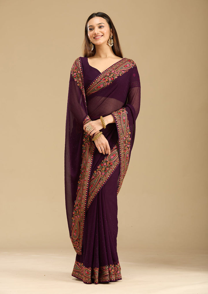 Wine Kashmiri Georgette Saree-Koskii