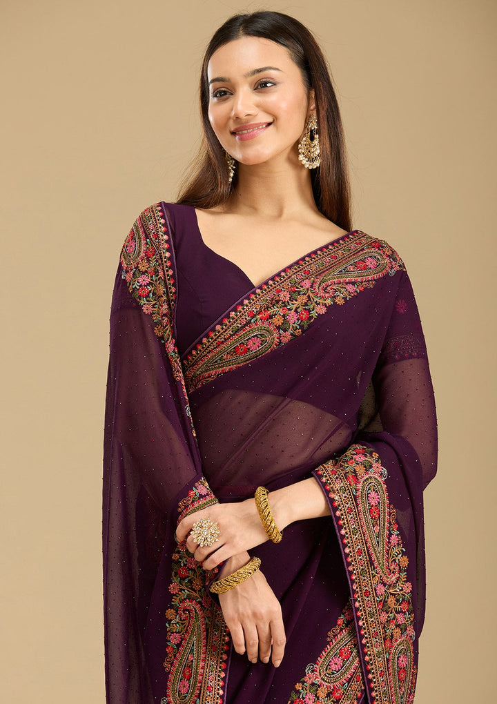 Wine Kashmiri Georgette Saree-Koskii