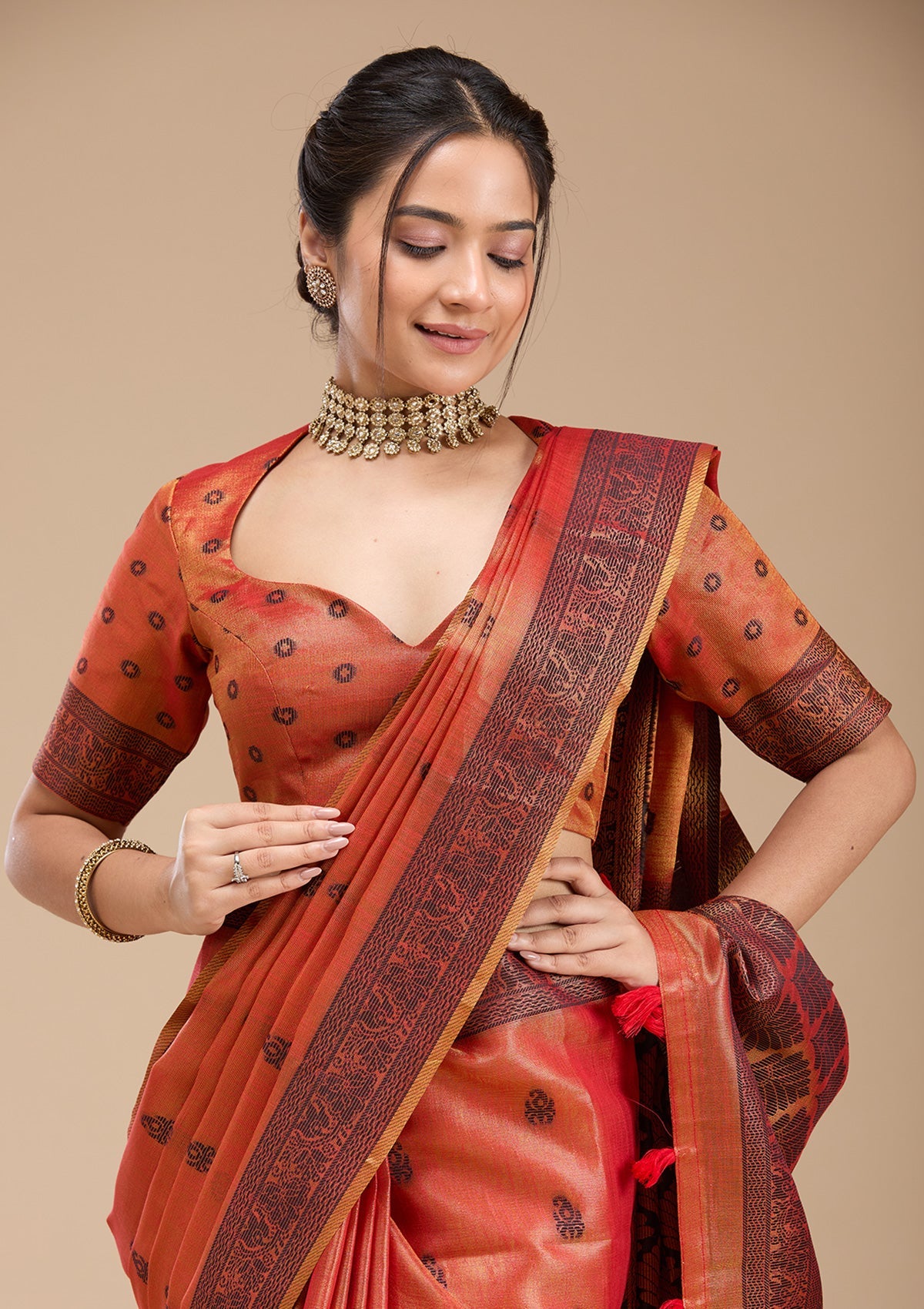 Rust Printed Art Silk Silk_Saree-koskii