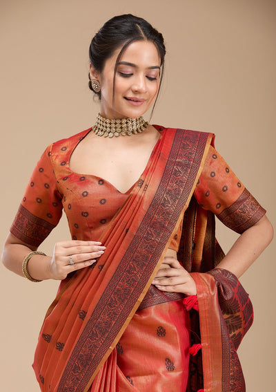 Rust Printed Art Silk Silk_Saree-koskii