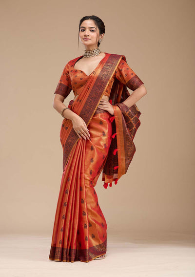 Rust Printed Art Silk Silk_Saree-koskii