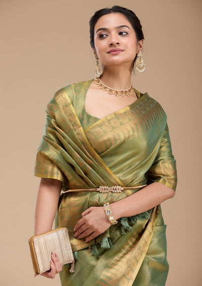 Mehendi Printed Linen Silk_Saree-koskii