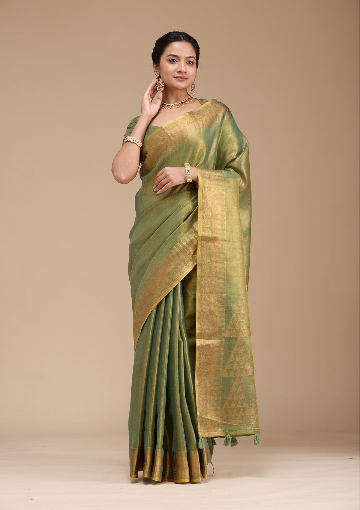 Mehendi Printed Linen Silk_Saree-koskii