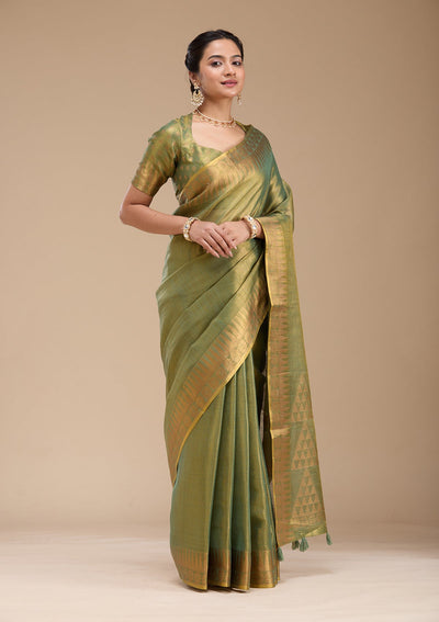 Mehendi Printed Linen Silk_Saree-koskii
