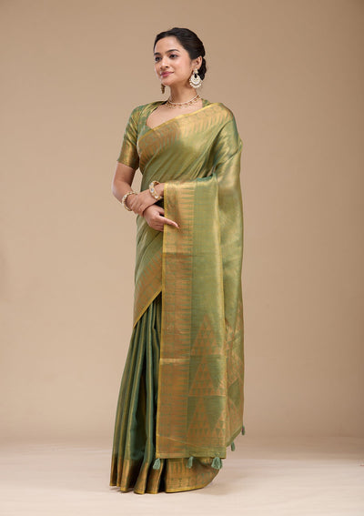 Mehendi Printed Linen Silk_Saree-koskii